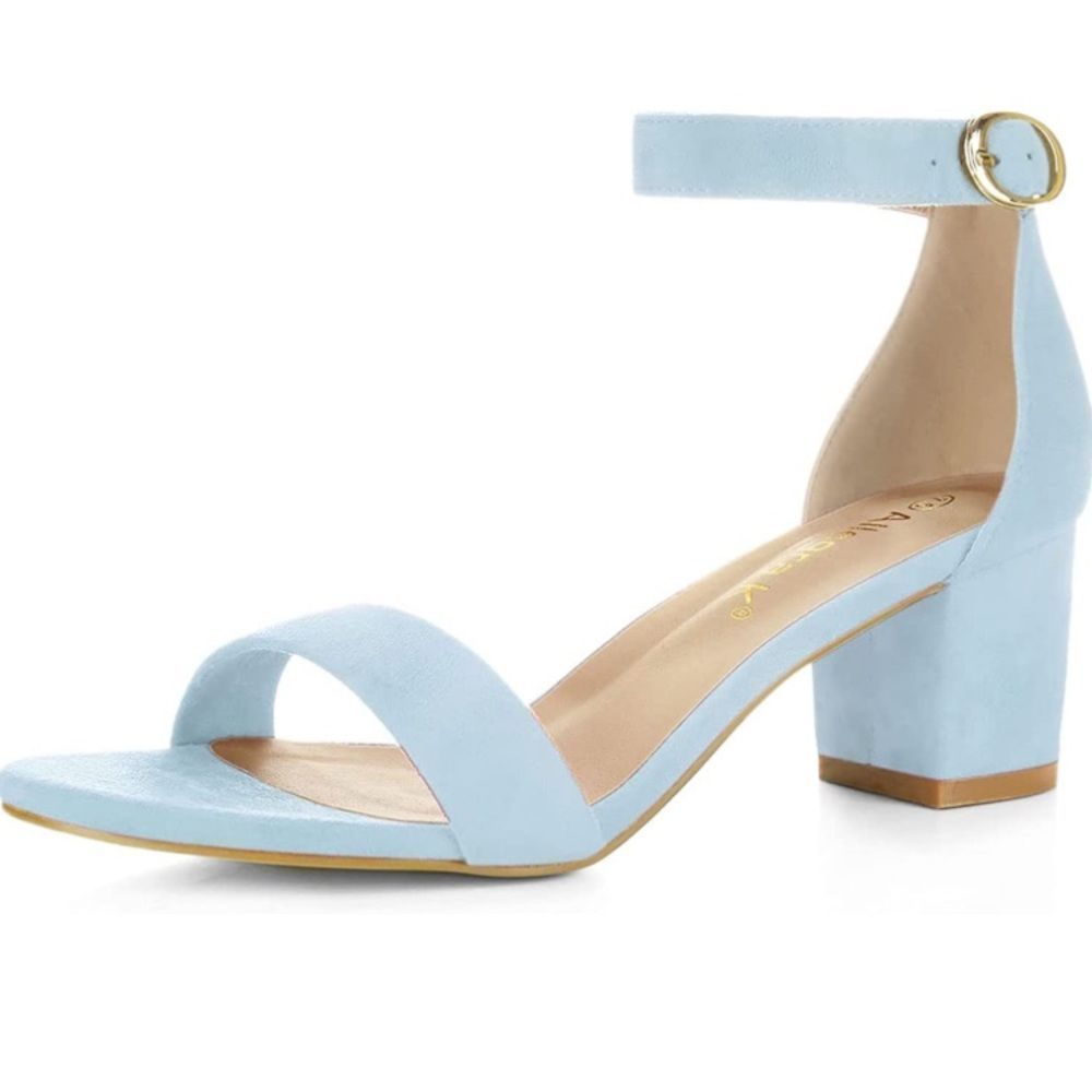 Allegra K Sky Blue Faux Suede Open Toe Block Heel Ankle Strap Sandals